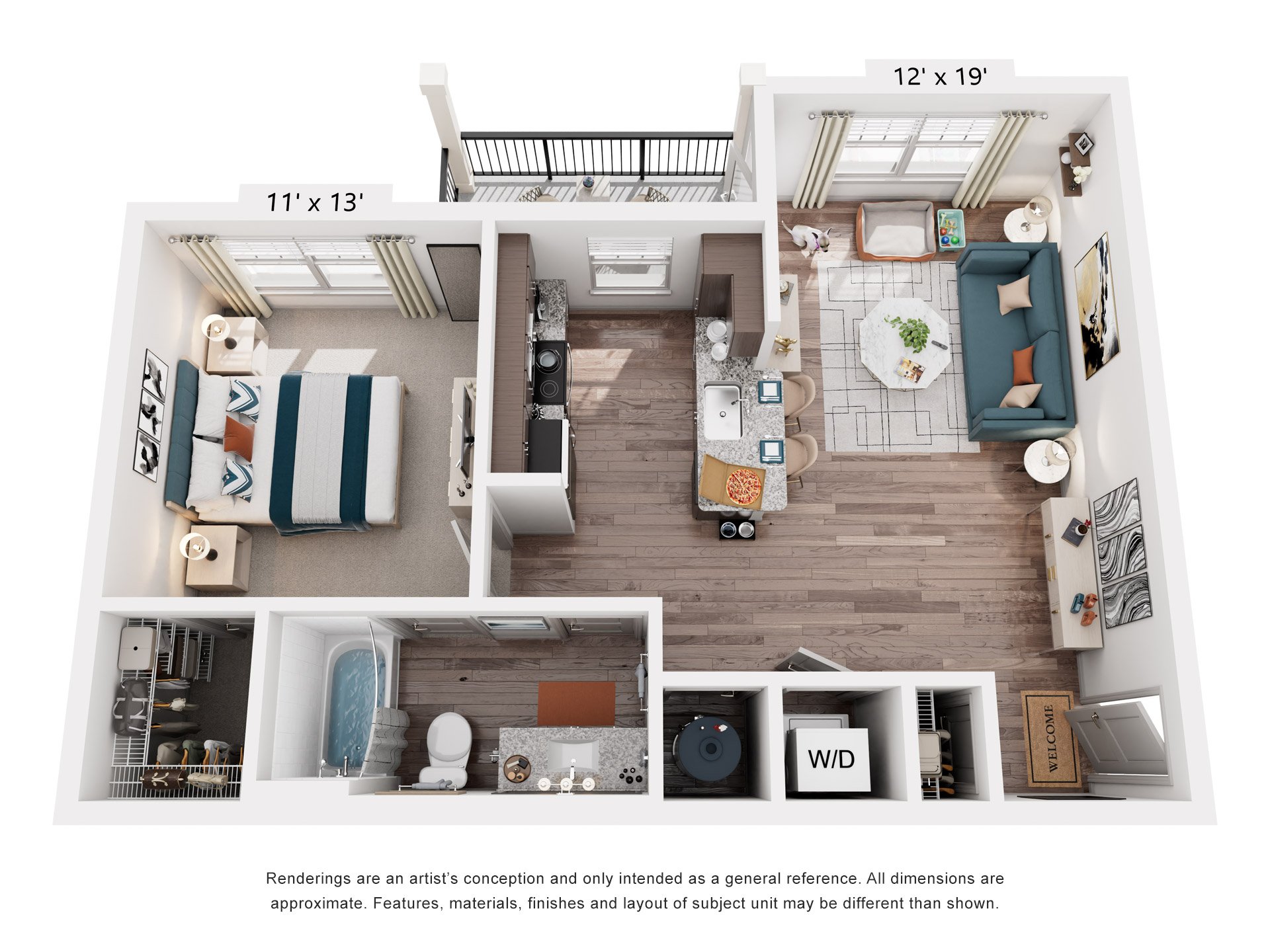 Floor plan for 1 bed, 1 bath, 696 sqft